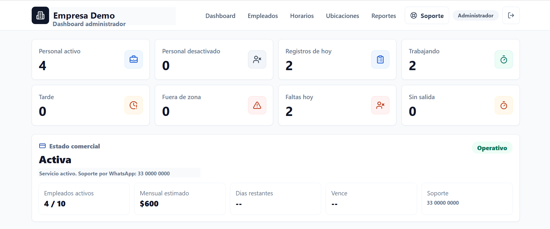 Panel de administración de PuntoExacto con resumen operativo